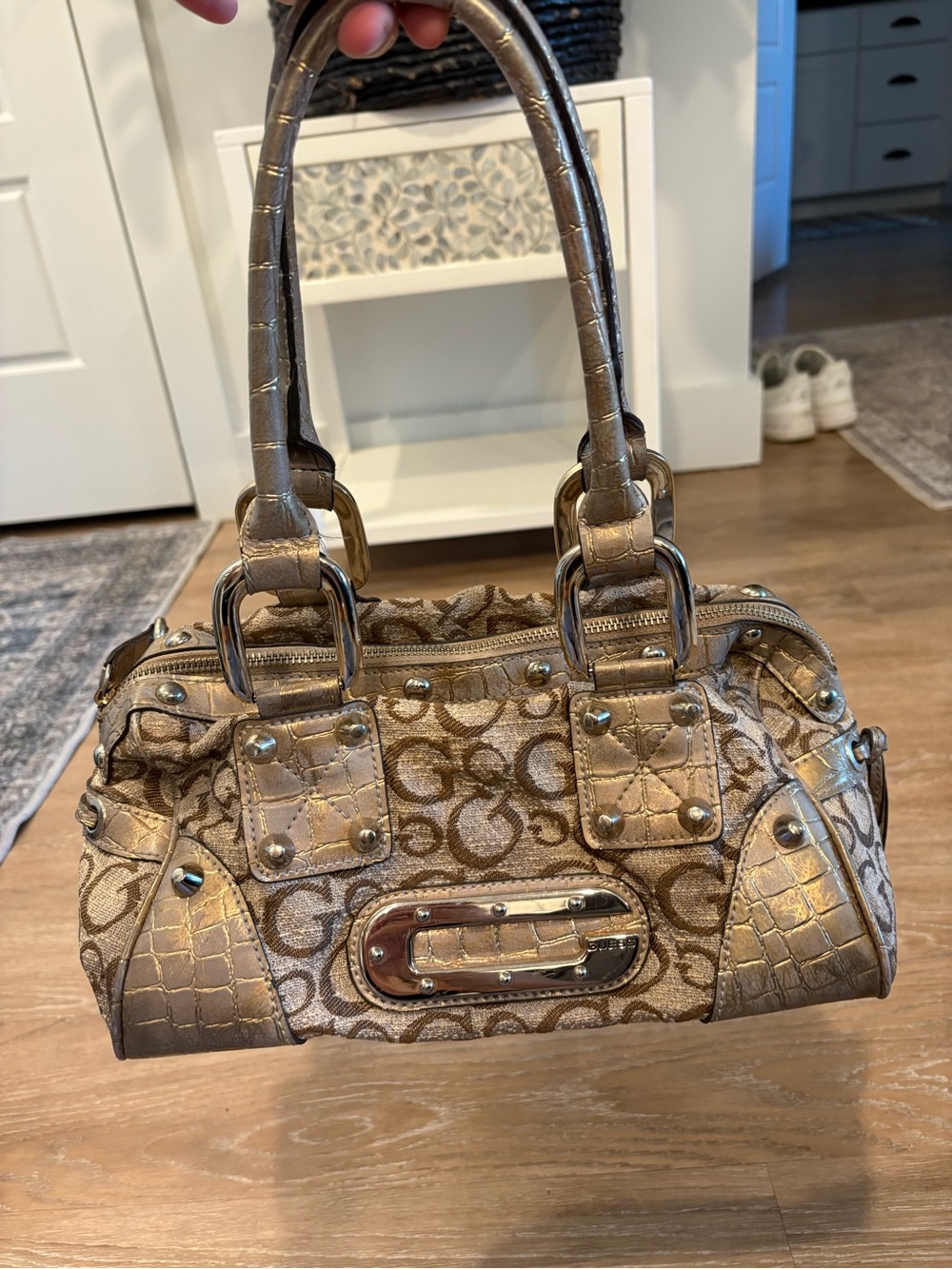 Guess Metallic Beige Logo Satchel